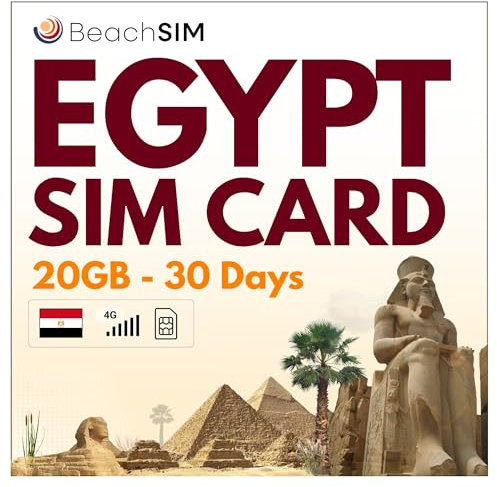 BeachSIM Tarjeta SIM Egipto para 30 días. 20 GB de Datos a velocidades 4G/5G. Solo SIM de Datos prepago. Activación rápida. Fácil Recarga. Funciona en Dispositivos iOS y Android.