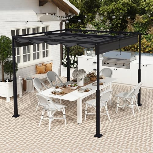 PEILU Pérgola para exteriores de 3 x 3 m, marco de metal estable, 9 m², cenador de jardín con protección solar, techo corredizo, para 6-8 personas, toldo retráctil para jardín, terraza y balcón (negro