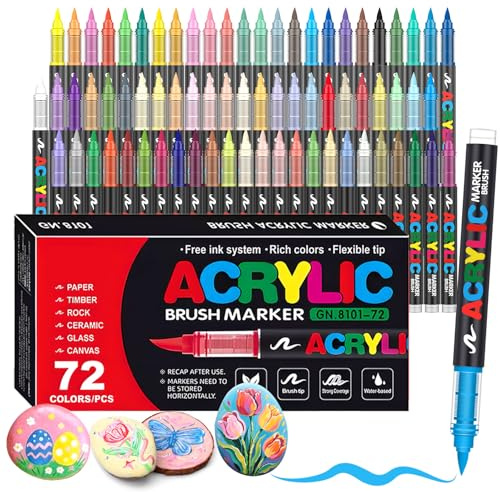 Melifluo 72 Rotuladores Acrílicos Punta Pincel - Marcadores Permanentes para Piedras, Tela, Vidrio, Madera, Cerámica, Lienzo y Papel - Pintura Acrílica de Secado Rápido para Lettering y Manualidades
