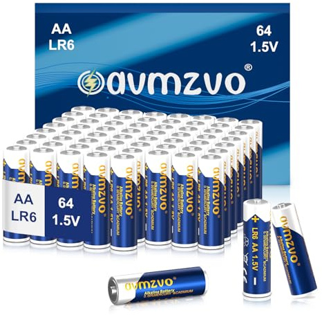 avmzvo batterier AA, LR6-batterier 1,5 V, 64 stycken, alkalisk, hållbar kraft, kraftfull, kan användas för leksaker, väckarklockor och andra elektroniska enheter 【10 års garanti】