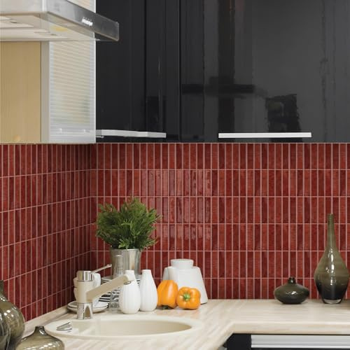 Alwayspon 7.9x10inch/20×25cm×10Pcs Red Marble Style 3D Vinyl Splashback Tiles, Self-adhesive Peel and Stick Wall Tile Stickers Stick on Subway Tiles for Kitchen Bathroom Decor