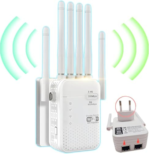 WiFi-repeater, WiFi-förstärkare, kraftfull WiFi-repeater med 6 kraftfulla antenner, 2 LAN-portar, repeater och router & AP-läge, 300 m² WiFi-repeater utomhus, R081
