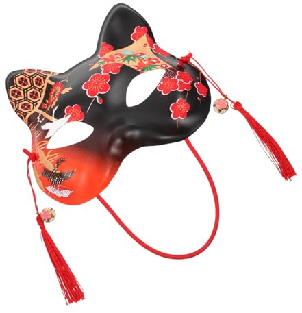 ROMISBABA Masque Chat Japonais Peint Main Demi-masque Cosplay Halloween pour Fête Costumée Accessoire Léger avec Bande Élastique Cadeau pour Femmes et Amis