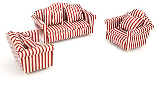 Haofy Ensemble de Mini canapé pour Maison de Poupée 1:12, Tissu en Bois de Haute qualité avec 4 Oreillers, Design élégant à Rayures Orange Rouge Or pour Un Jeu Créatif et Imaginatif