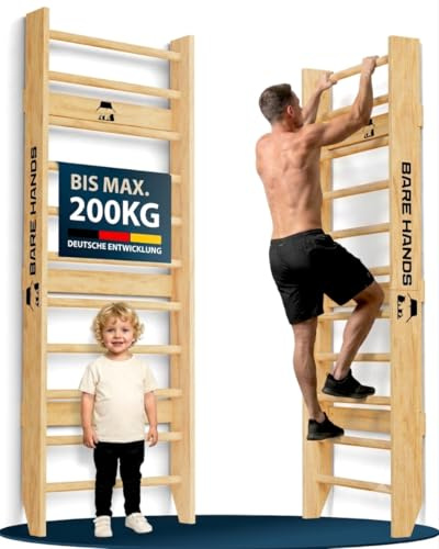 Bare Hands Espalier en Bois pour Adulte et Enfant – Échelle Suédoise Ultra Robuste Jusqu’à 200 kg – Espalier Gym & Musculation pour la Maison – avec ou sans Barre de Traction et Barres à Dips