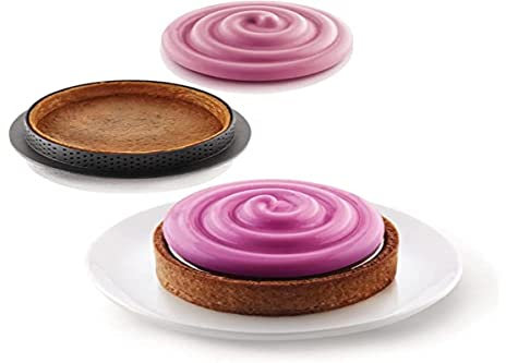 silikomart | KIT MINI TARTE TWIST, Set mit 6 mikroperforierten Mini-Ringen + Deko-Matte, TPLUS Ring Ø 80 mm h 20 mm, Deko-Silikonform Ø 70 mm h 25 mm, Made in Italy