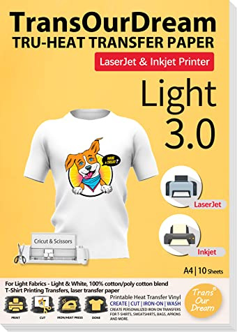TransOurDream Tru-T Shirt Heat Transfer Paper 10 Sheets A4 Iron On Transfers for Inkjet & Laser Printer Printable HTV Heat Transfer Vinyl for White and Light Fabrics,Easy to Cut(TOD-03-10)
