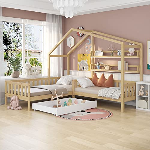BTM Lit Cabane 90x200 et 140x70 pour 2 Personnes, Lit Double pour Enfants, Polyvalent en Pin Massif pour Garçons et Filles, Deux Places avec Tiroirs sur roulettes et Sommier à Lattes (Structure L)