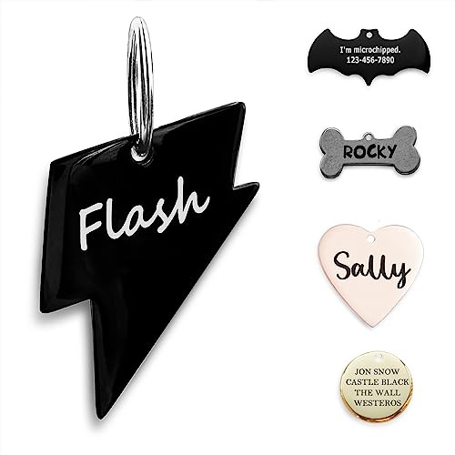 316 Surgical Grade Stainless Steel Personalized Dog & Cat ID Tags - Engraved Name or Text for Pet Collar Accessories, Original Funny Shapes (Lightning)