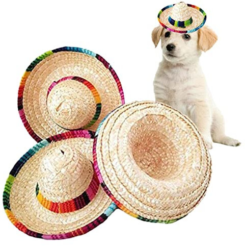 Jildouf Naturstroh Sombrero - Hund Sombrero Hut Fiesta Partyzubehör,Mexikanische Katzenhüte, Partyzubehör für den Tisch, Sombrero-Partyhüte für kleine Haustiere/Welpen/Katzen