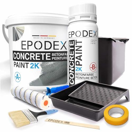 EPODEX 2K Betonfarbe | Bodenfarbe mit Zubehör für Garagenbodenbeschichtung, Bodenbeschichtung | hochdeckend, wasserfest | Keller, Garage, Werkstatt | 3.6kg (14m² für 2 Anstriche)
