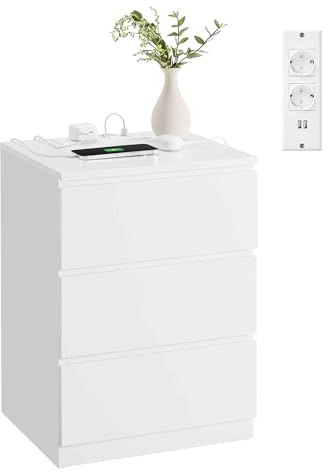 VASAGLE KAILYN Collezione - Comodino con Stazione di Ricarica, con 3 Cassetti, 2 Prese AC 2 Porte USB, per Soggiorno, Camera da Letto, Studio, Bianco Nuvola LET631W14