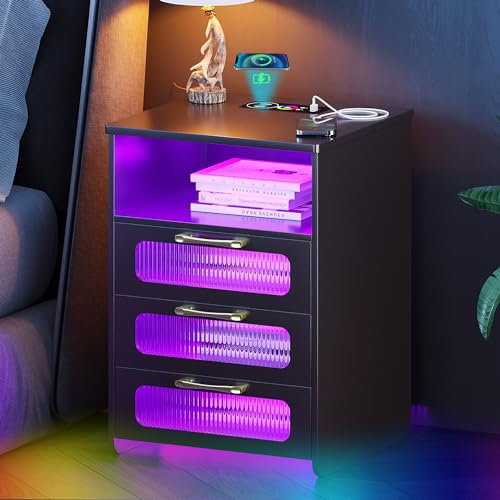 Lvifur LED Nachttisch mit 3 Schubladen,Nachttische mit LED-Beleuchtung,Nachtschrank mit Ladestation und USB Anschluss,Nachtisch Nachtkommode für Schlafzimmer