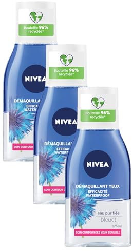 NIVEA Démaquillant Yeux Double Action au Bleuet (1 x 125 ml), nettoyant visage enrichi en eau purifiée, soin visage femme pour tous types de peaux, format voyage (Lot de 3)