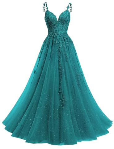 Beyonddress Abito da Sera con Glitter in Tulle, Lungo, Ballo, con Applicazioni in Pizzo, Scollo a V, Abito da Cerimonia per Donne, Abito da Festa, pavone, 50