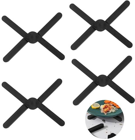 CHENGCKJ 4 Stücke Silikon Topfuntersetzer Faltbarer Untersetzer Hitzeschutz Heißer Topf Halter rutschfeste Topflappen Unterlage hitzebeständig bis 200° für Töpfe, Heiße Pfannen, Schalen (Schwarz)