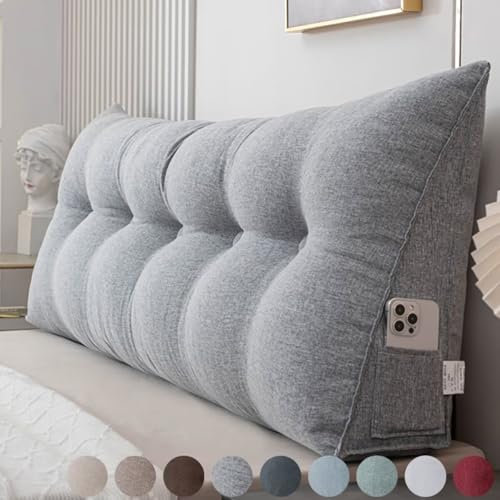 Rückenkissen Bett 120cm Grau, Leinen Rückenlehne Kissen, Keilkissen Bett kopfteil, Waschbar Abnehmbar Lesekissen für Bett und Sofa, Rückenstützkissen Lendenkissen mit Seitentasche
