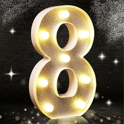Numero 8 Argento Glitter LED Luci con Numero Glitterato per Decorazione di Feste, Baby Shower, Sfondo Matrimonio, Casa - 21,5 cm