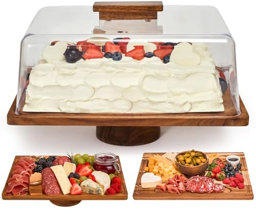 RosiRoli Acacia Wood Cake Stand with Lid –2-in-1 Rectangular Charcuterie Board & Dessert Display, Shatterproof Acrylic Dome Cover for Freshness, Serving Platter for Parties, Weddings, Birthdays, Gifts