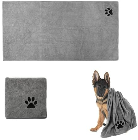 Serviette Microfibre Absorbante pour Chien 100 x 50 cm, Peignoir pour Chien Absorbant,Séchage Rapide pour Chiens, Accessoire Essentiel après Pluie, Douche, Natation,Voyage et Toilettage(Gris)
