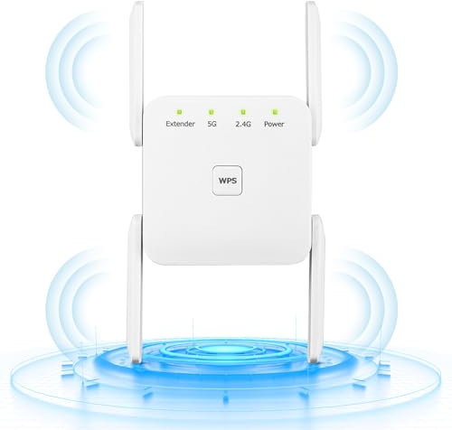 Anluomafuy Repetidor Extensor de Red WiFi, 1200 Mbps Amplifier, Doble Banda 5 GHz y 2.4 Ghz, Powerful Repeater with Ethernet Port, Compatible with All Internet Boxes, Fácil instalación Acción (Blanco)