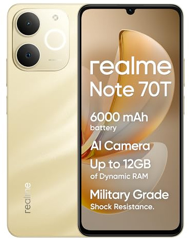 realme Note70T Smartphone 4+256GBTelefono Mobile, Batteria 6000mAh, 15W Ricarica Rapida, Android 15 Dual SIM 4GB RAM, Display 6.75, Funzioni AI & Fotocamera AI Garanzia 2 Anni, Senza NFC, Oro