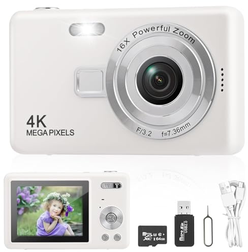 Appareil Photo Numérique, Appareil Photo Compact HD 1080P avec Carte de 64 Go, 40MP Appareil Photo 8X Zoom Numérique Rechargeable Appareil Photo Numérique pour Enfants, Débutants (Blanc)