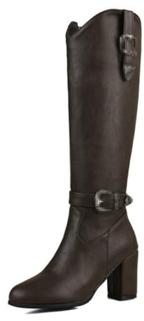 Générique Bottes Cavalières Femme à Bout Rond, Style Équestre Mi-Mollet à Talon Compensé avec Détails Boucles en Tailles Grandes,Dark Brown,43 EU
