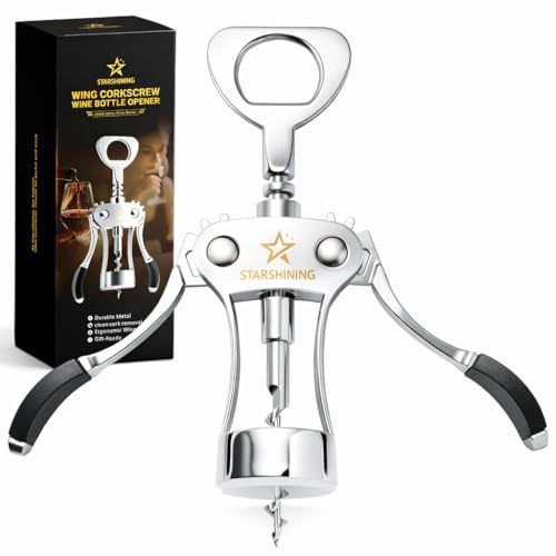 STARSHINING Wine Opener,Heavy-Duty Zinc Alloy Wing Corkscrew Manual Wine Bottle Opener with Sharp Spiral Screw for Sommeliers Wine Lovers,Polished Silver