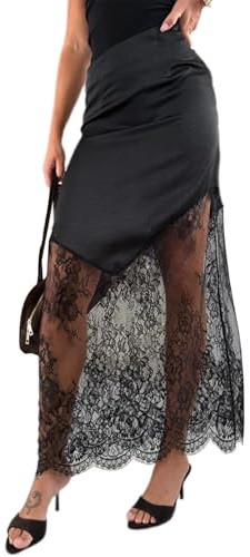 Falda larga para mujer de satén con encaje, cintura elástica alta, línea A, elegante falda de fiesta en estilo boho para ocasiones festivas