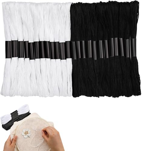 CQXSYTBN Lot de 48 Fils à Broder Noir et Blanc en Polyester tressé, 8 m par écheveau, Fil pour Point de Croix, Bracelets d’amitié et projets créatifs DIY Couture et Broderie