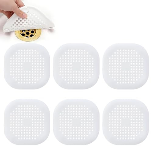 HORREX 6 Piezas Silicona Atrapa Pelos Ducha, Silicona Protector de Drenaje, Tapa Desague Ducha de con Ventosas Fuertes, Cubierta Drenaje Cuadrada para Baño, Bañera, Ccocina (Blanco)
