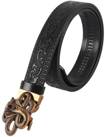 Ubric Ceinture à cliquet en Cuir Noir pour Hommes Boucle Automatique Or Serpent Sangle Slide Robe Fête Anniversaire Mascarade