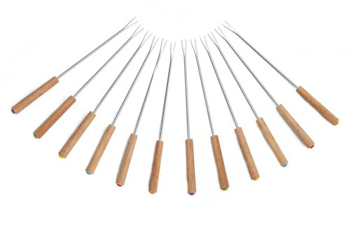 12 forchette per fonduta in acciaio inox con manico in legno, di alta qualità con manico resistente al calore, lunghezza 24 cm, per fonduta di formaggio, fonduta al cioccolato e Chamallows al bar