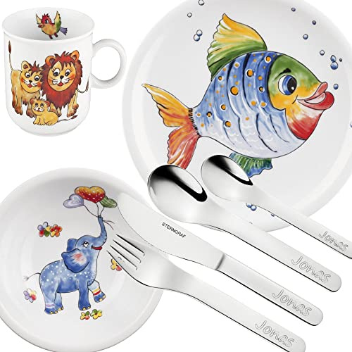 Sterngraf Kinderset Bunte Tierwelt 7tlg. MIT Gravur (z.B. Namen) Puresigns Kinderbesteck mit Namensgravur + Seltmann Weiden Kindergeschirr Tiere