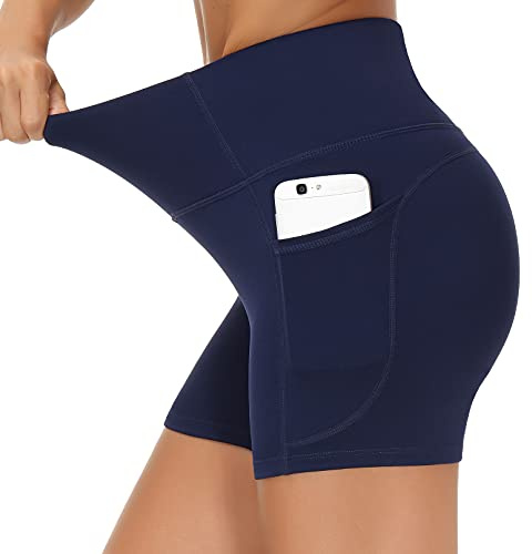 THE GYM PEOPLE Pantaloncini Sportivi Donna a Vita Alta, Leggins Corti con Tasche,Shorts per Yoga, Palestra, Corsa e Allenamento Estivo,Blu,M