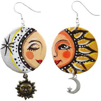 Orecchini in legno dipinto a mano – SOLE E LUNA - Orecchini pendenti da donna, Gioielli in legno dipinto, Gancio in argento, Made in Italy, Bijoux, Lavorazione Artigianale