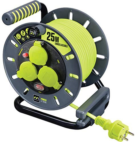 Masterplug Pro-XT Enrollacables 3 tomas IP44 con asa de bobinado, interruptor térmico e interruptor de alimentación, cable de alta visibilidad de 25 metros