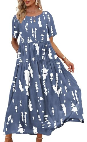 YESNO Women Dresses Casual Plus Size Bohemian Short Sleeve Floral Long Maxi Summer Beach Swing Dress/Pockets XL EJFUK CR147