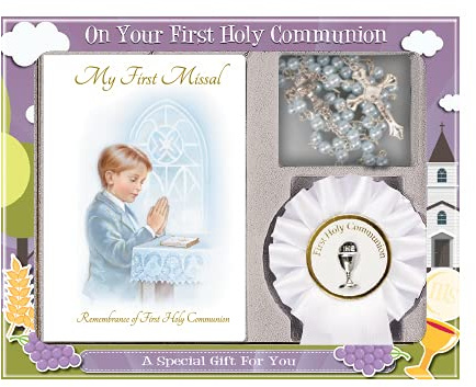 Boy First Holy Communion Missal, Prayer Card/Book Mark, Rosary and Rosette