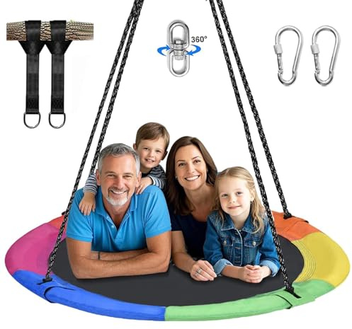 Hishine 43 Saucer Tree Swing for Kids - 360 Rotate Waterproof Flying Saucer With Swivel, Hanging Straps, Adjustable Ropes, Round Mat Spinner for Tree/Swing Set (Rainbow)