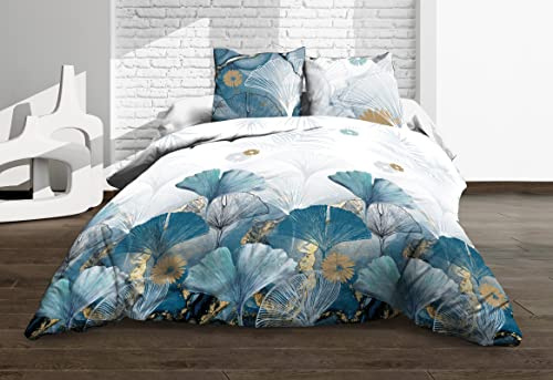 Le Linge de Jules Parure Drap Plat + Drap-Housse 160x200 + 2 T - Pur Coton 57 Fils - Ginko Bleu, 160x200 - Ginko Bleu, 160 x 200 cm