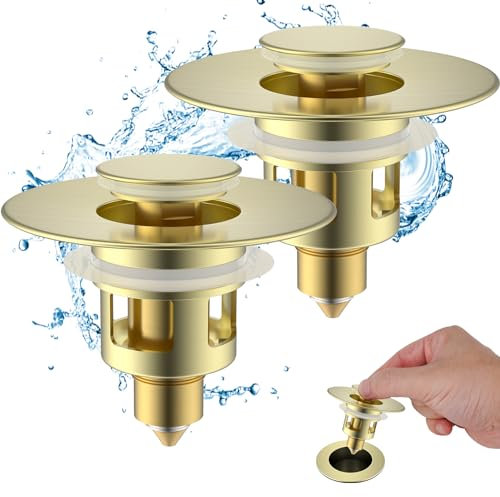 Hibbent 2 Pack All Metal Universal Bathroom Sink Stopper for 1.1''~2.3'' Basin, Pop Up Sink Drain Strainer, Brass Core Push Type Stopper, Stainless Steel Anti Clogging Drain Filter, Brushed Gold