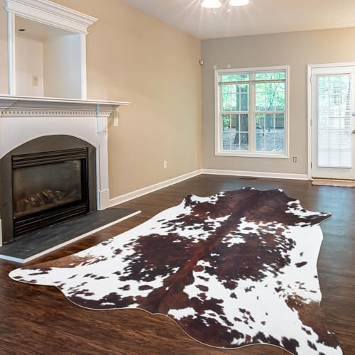 Alfombra de cuero vacuno con estampado de vaca de 10 x 8 pies, alfombras grandes de piel de vaca para sala de estar, dormitorio, comedor, oficina en casa, alfombra marrón con estampado animal para