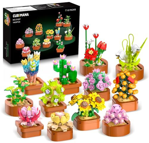 12 Blumen Sukkulenten 3.6MM Mini Bausätze – 1403 Stück Botanisches Set, Büro & Heimdekor, Blumenpflanzen, Bonsai Bausteinspielzeug, kreatives Bauprojekt für Erwachsene, Geschenke für Frauen Kinder 10+