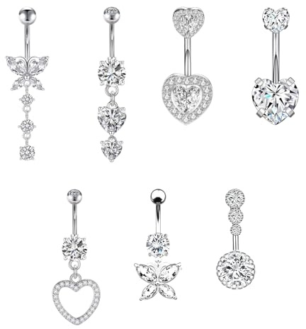 DALAETUS 7 Pcs Belly Bar Set, Hypoallergenic Heart & Butterfly Designs Belly Button Bars, Perfect Belly Button Piercing for Women, Girls