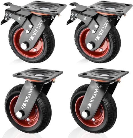 4 Stück Schwerlastrollen 200mm Lenkrollen mit Bremse, 360° Drehbar Transportrollen mit Schwerlast Deckplatte Vollgummi Rollen aus Antirutsch Polychlorid Tragkraft 1200kg(2 Lenkrollen 2 Bremsrollen)