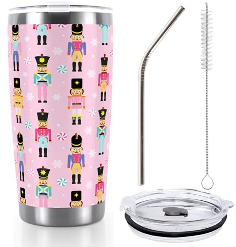 Whaline Pink Christmas Nutcracker Tumbler Stainless Steel Travel Tumbler with Lid Straw and Brush Xmas Winter Coffee Mug Cup for Holiday Birthday Gift