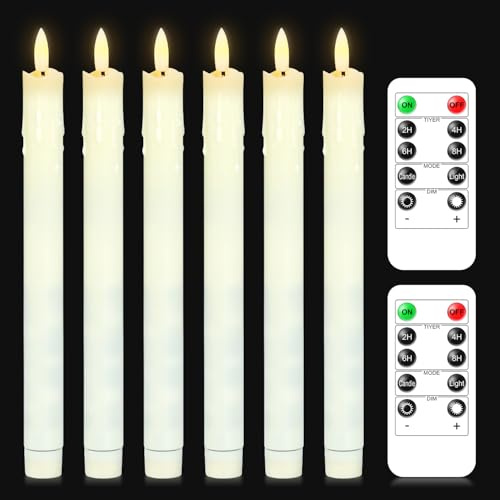 Velas de varilla LED con función de temporizador, velas de mesa sin llama, velas LED que funcionan con pilas, luz de mecha 3D, 2 controles remotos, color marfil, paquete de 6, 2,5 x 25,5 cm, para