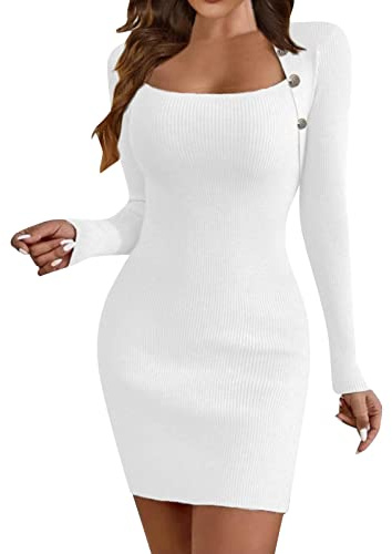 Robe Short Femme Sexy- Robe Pull Femme Tricoté,Robe Moulante Col Carré avec Boutons Manche Longue Courte Dress Chic Et Elegant Automne Et Hiver Coupe AjustéE Pas Cher Chaud Mode Mini Robes